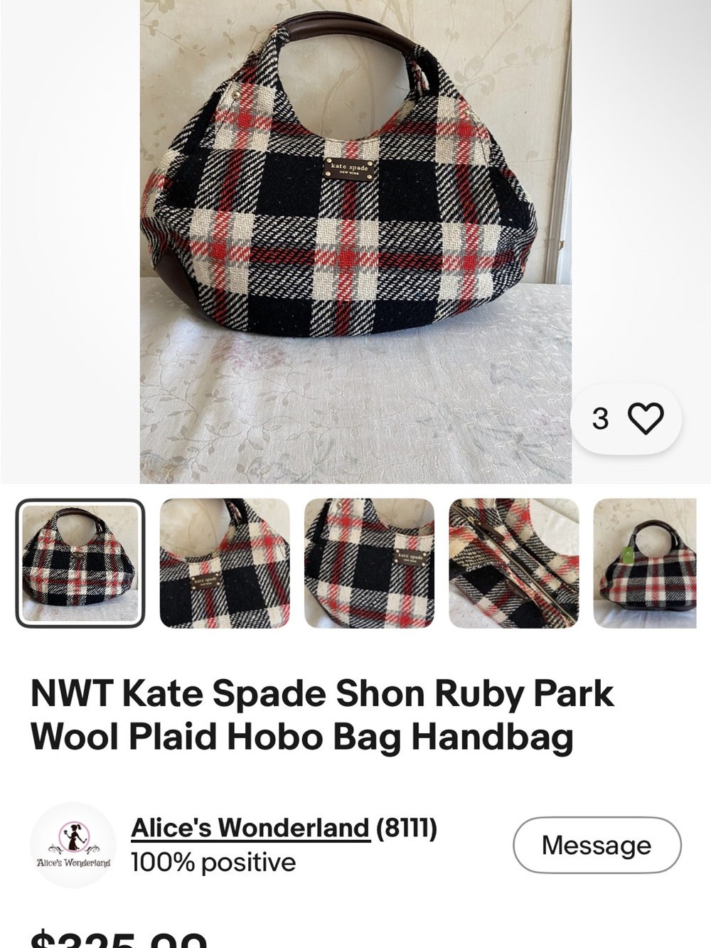 kate spade Black, White & Red Plaid Wool Hobo Bag - Picture 12 of 12